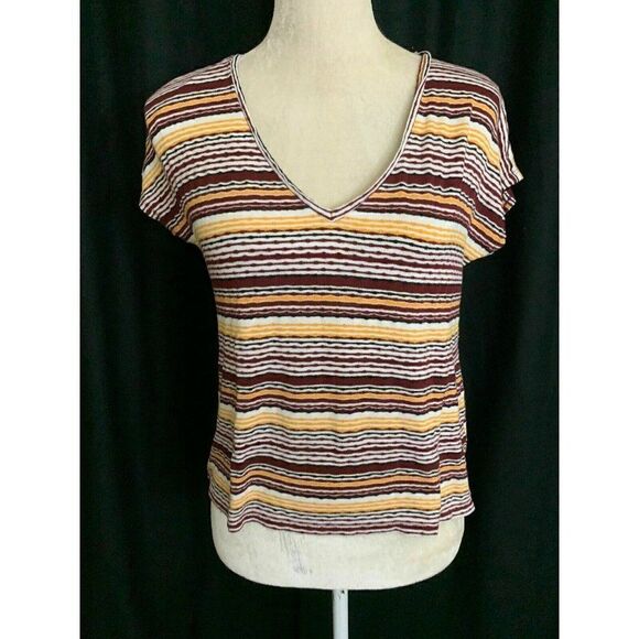 Zara Womens Yellow White Burgundy Striped V Neck Short Sleeve Top T Shirt Small - Picture 1 of 6